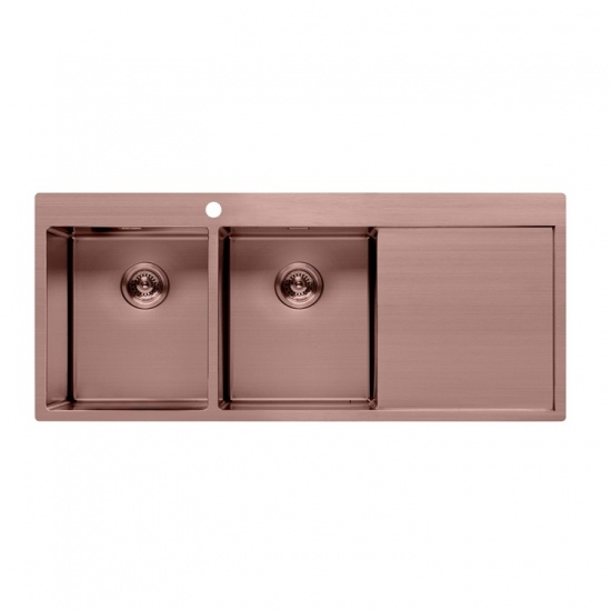 Fregadero doble de cocina de oro rosa con escurridor